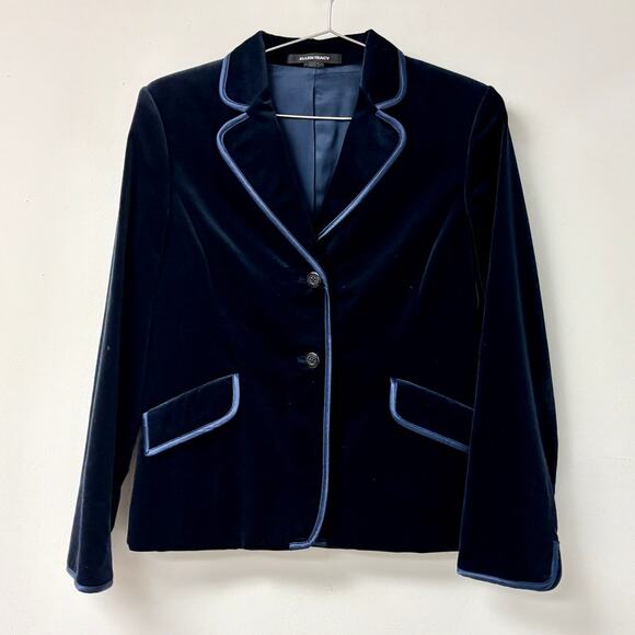 Ellen Tracy Velvet w/ Satin Trim Notch Lapel Single Breasted Blazer Dark Blue 8 - Picture 1 of 4